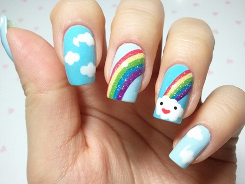 Beautiful Rainbow with Blue Clouds Nails