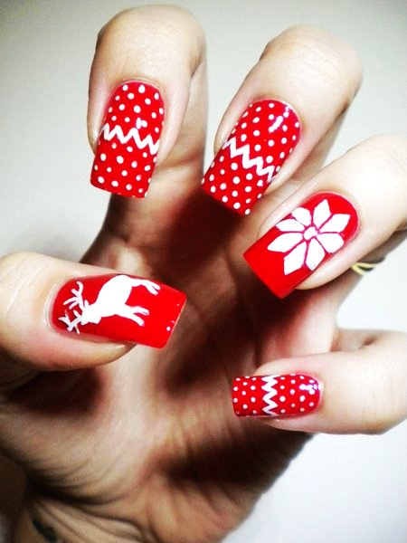 Simple Red and White Winter Design  Nail Art